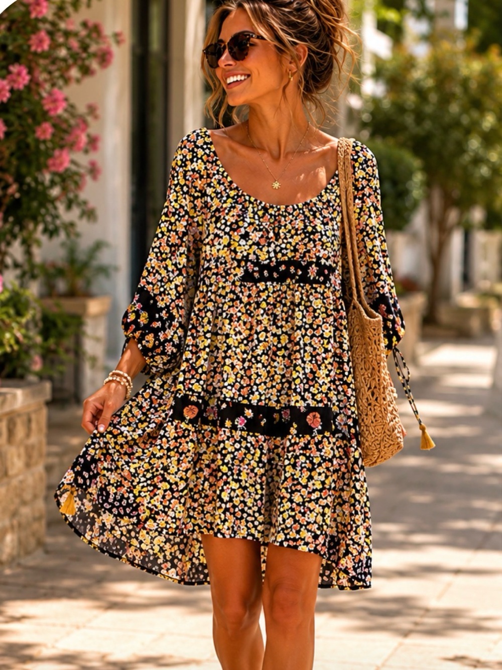 By Together Black Floral Skirt with Yellow and Peach Flowers